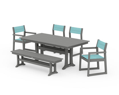 POLYWOOD® EDGE Sling 6-Piece Farmhouse Dining Set With Trestle Legs in Slate Grey / Dupioni Aquamarine Sling
