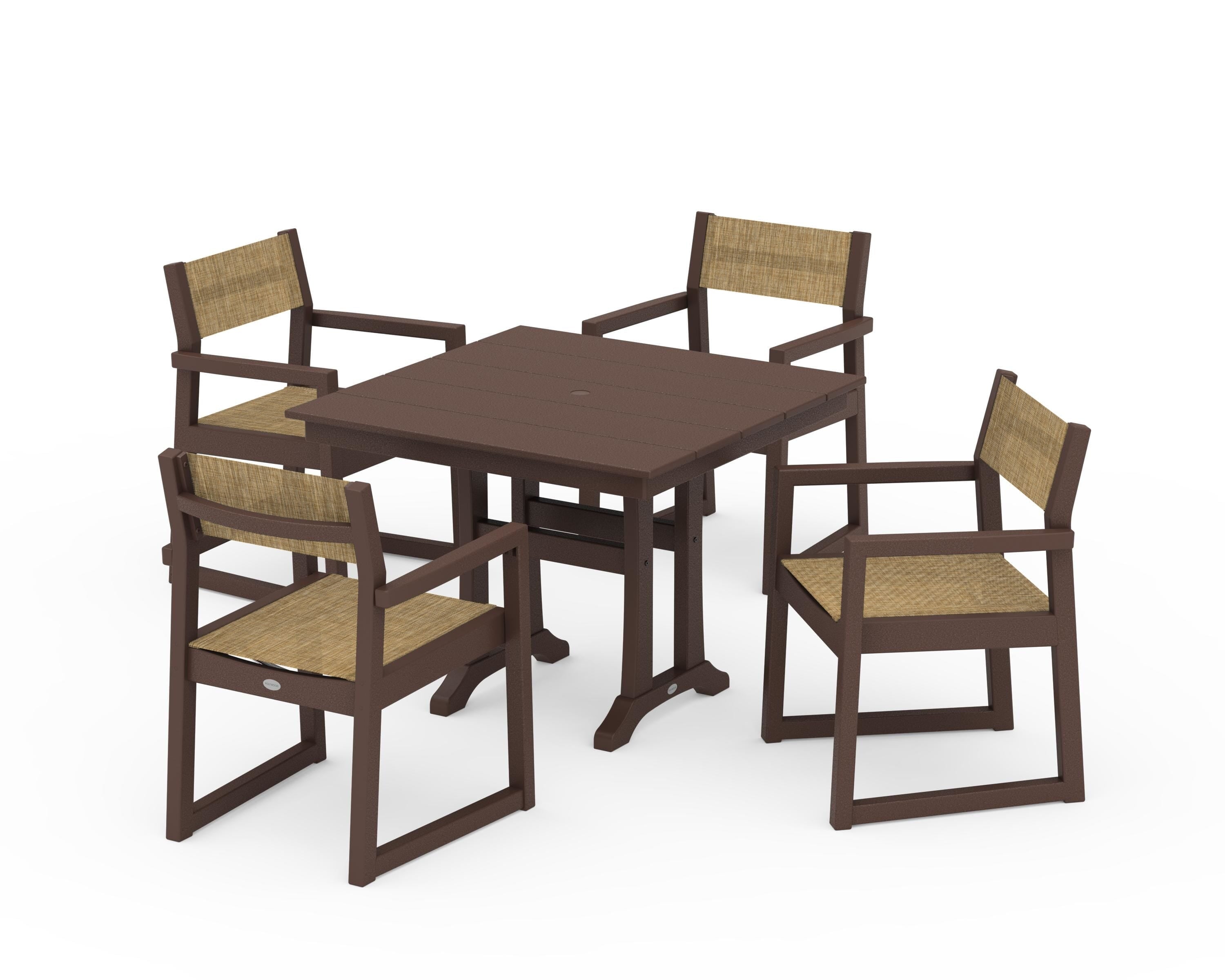 POLYWOOD® EDGE Sling 5-Piece Farmhouse Dining Set with Trestle Legs in Mahogany / Burlap Sling