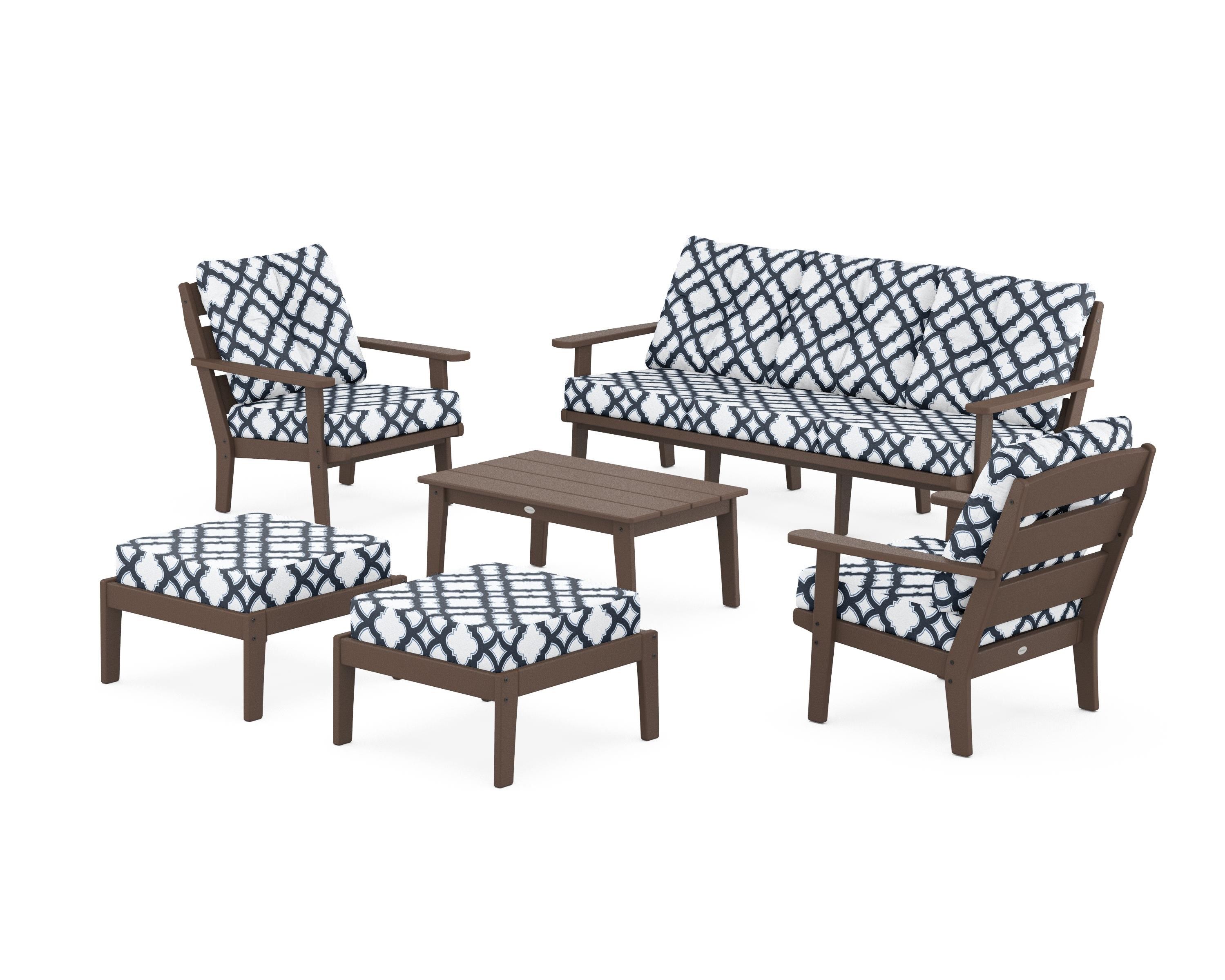 POLYWOOD® Lakeside 6-Piece Lounge Sofa Set in Mahogany / Trellis Marine Indigo