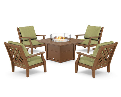 Country Living Wovendale 5-Piece Deep Seating Set with Fire Pit Table in Teak / Chartreuse Boucle