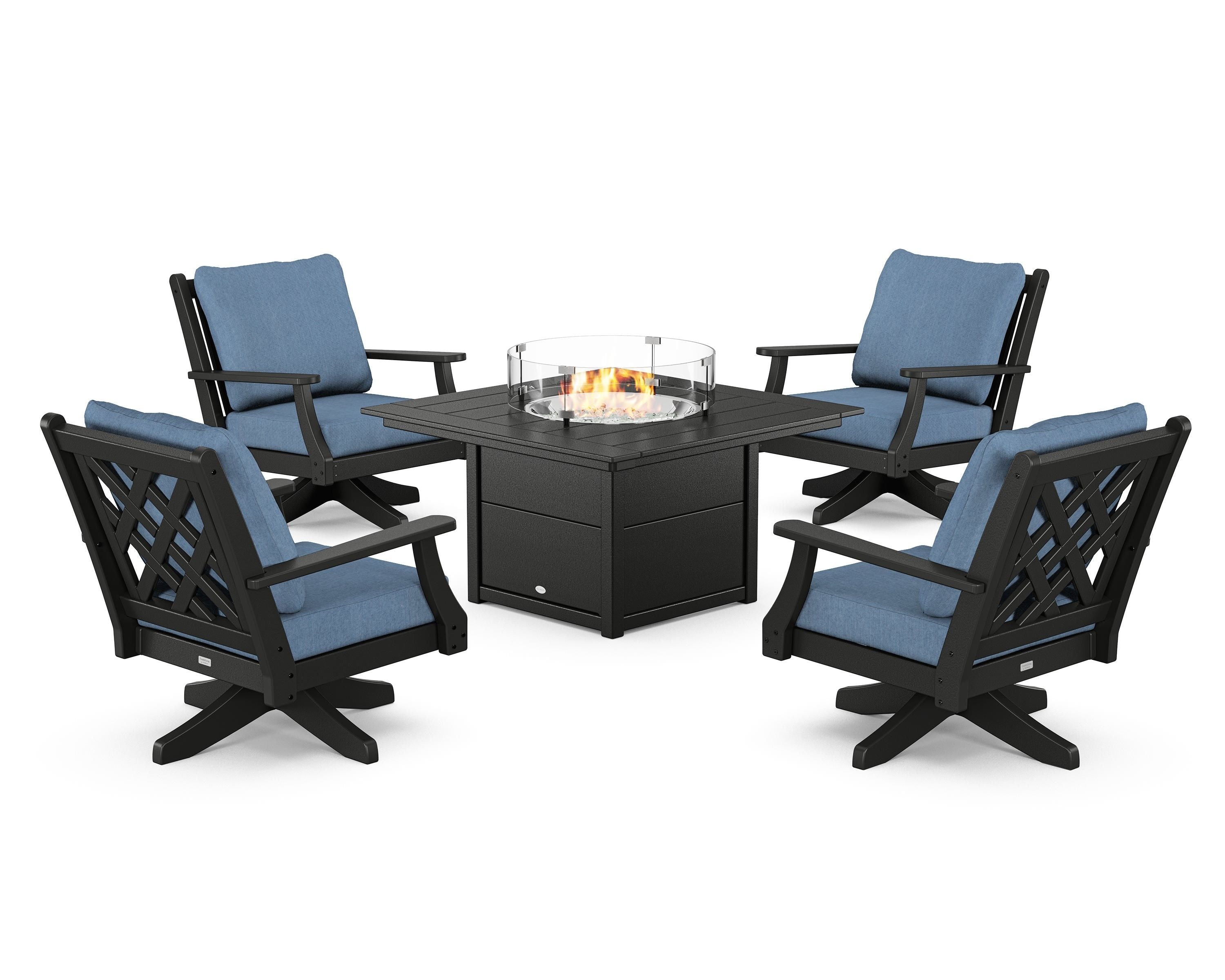 Country Living Wovendale 5-Piece Deep Seating Swivel Conversation Set with Fire Pit Table in Black / Sky Blue
