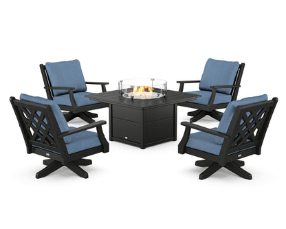 Country Living Wovendale 5-Piece Deep Seating Swivel Conversation Set with Fire Pit Table in Black / Sky Blue