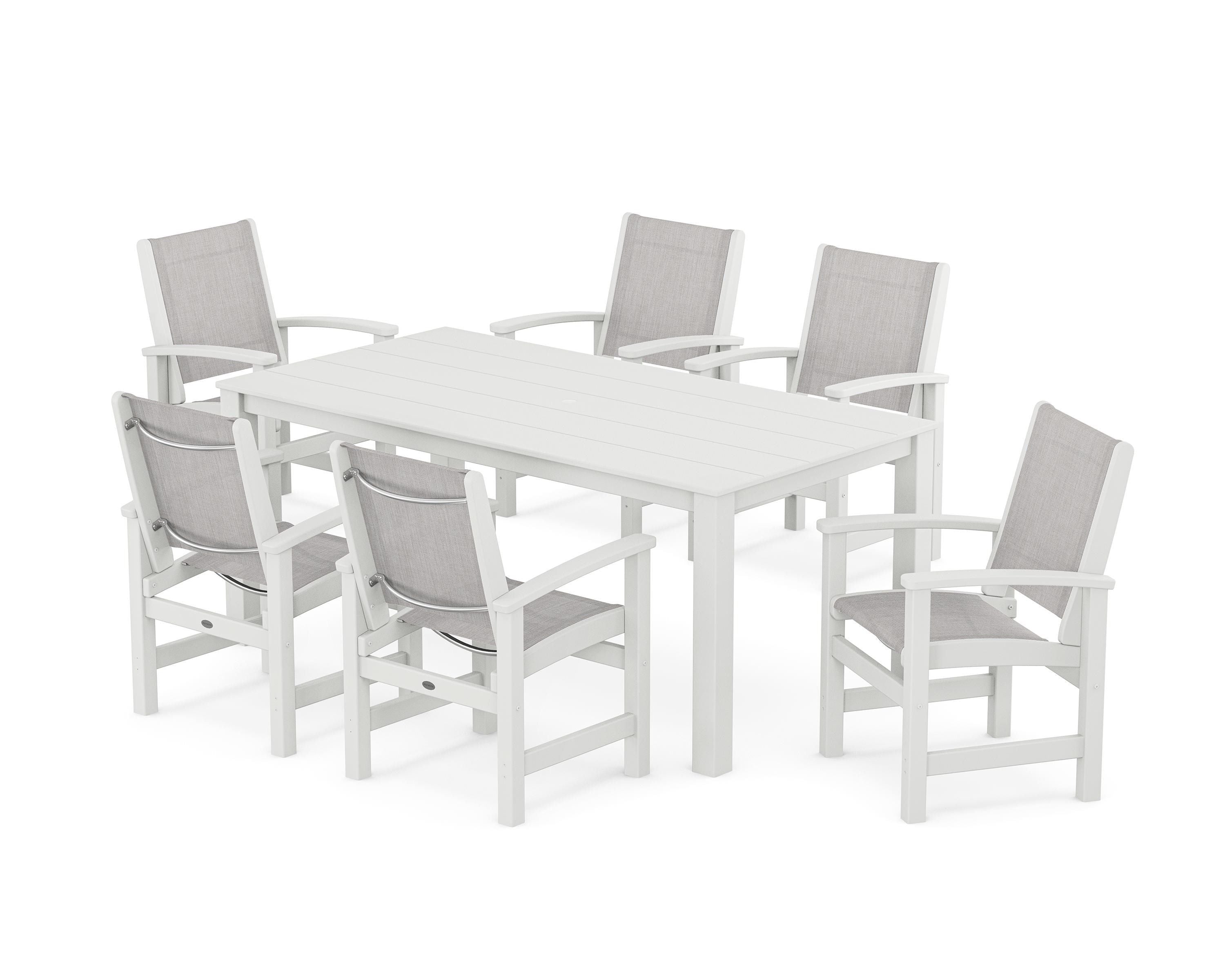 POLYWOOD® Coastal 7-Piece Parsons Dining Set in White / Parchment Sling