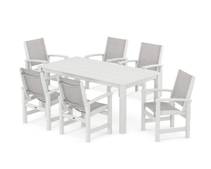 POLYWOOD® Coastal 7-Piece Parsons Dining Set in White / Parchment Sling