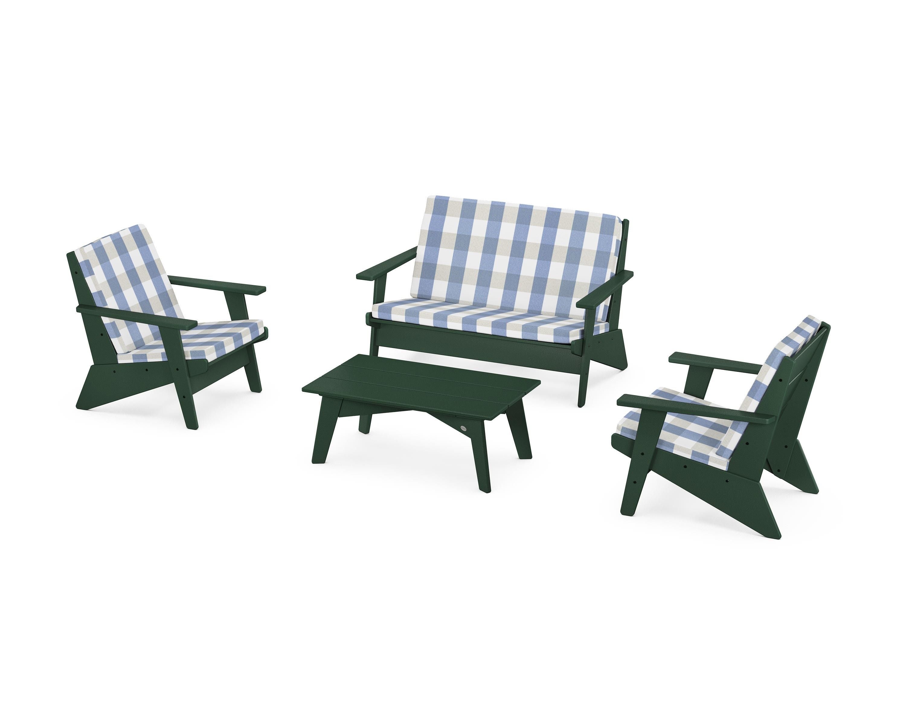 POLYWOOD® Riviera Modern Lounge 4-Piece Set in Green / Buffalo Plaid Sky Blue