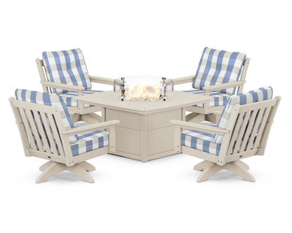 POLYWOOD® Vineyard 5-Piece Deep Seating Swivel Conversation Set with Fire Pit Table in Sand / Buffalo Plaid Sky Blue