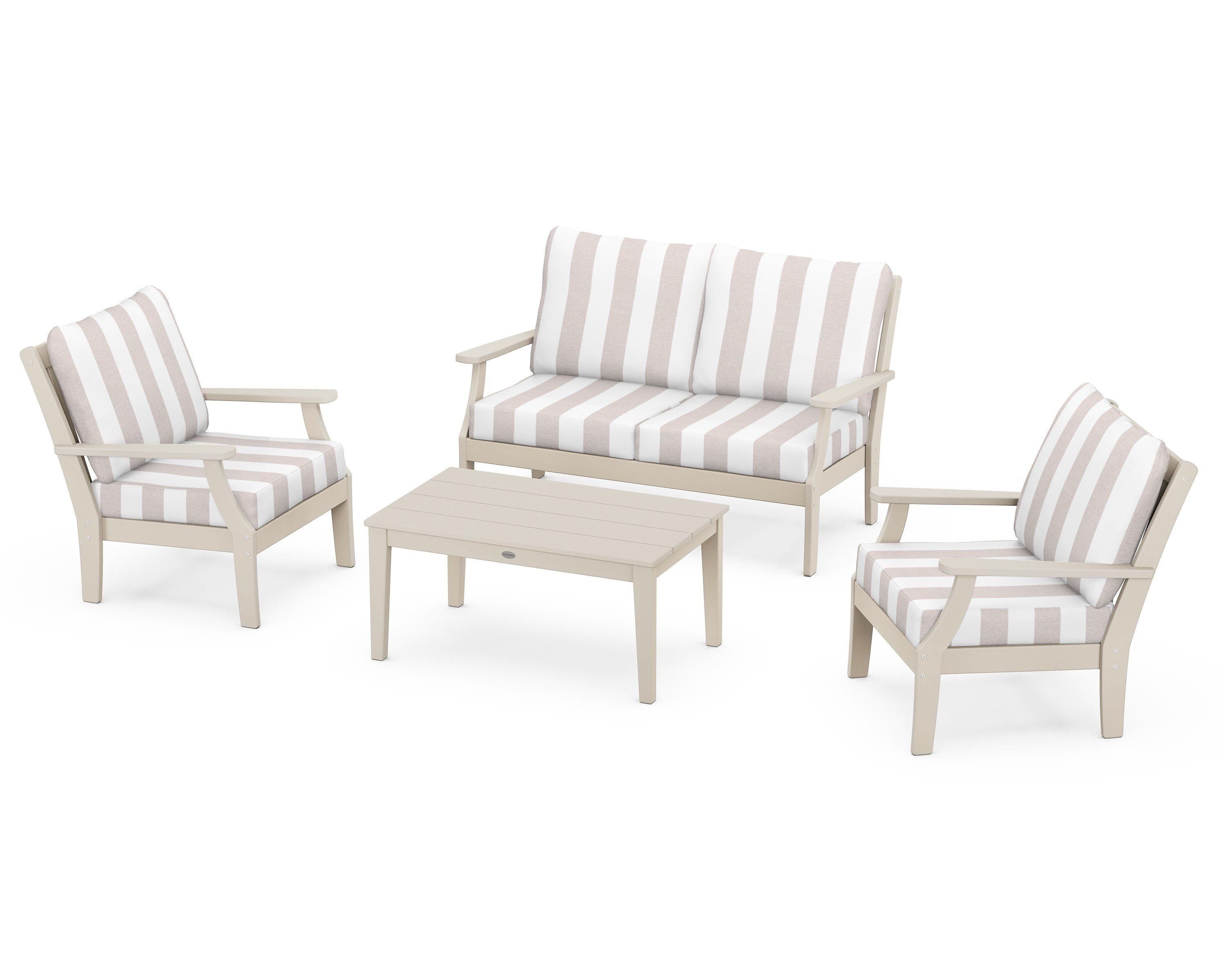 POLYWOOD® Braxton 4-Piece Deep Seating Chair Set in Sand / Cabana Stripe Dune Burlap