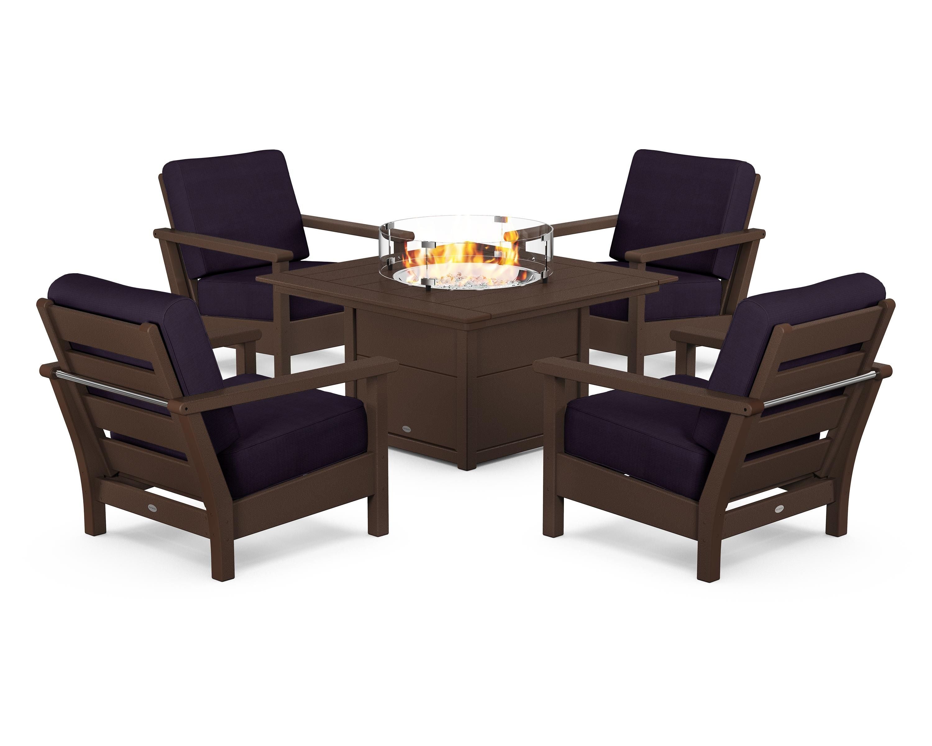 POLYWOOD® Harbour 5-Piece Conversation Set with Fire Pit Table in Mahogany / Navy Linen