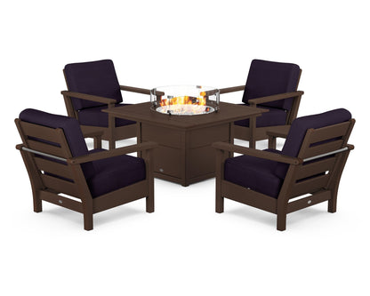 POLYWOOD® Harbour 5-Piece Conversation Set with Fire Pit Table in Mahogany / Navy Linen