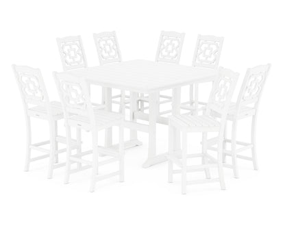 Martha Stewart by POLYWOOD® Chinoiserie 9-Piece Square Side Chair Bar Set with Trestle Legs in White