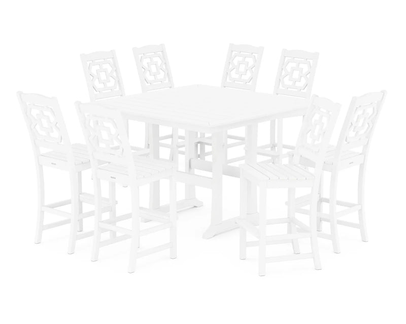 Chinoiserie 9-Piece Square Side Chair Bar Set with Trestle Legs
