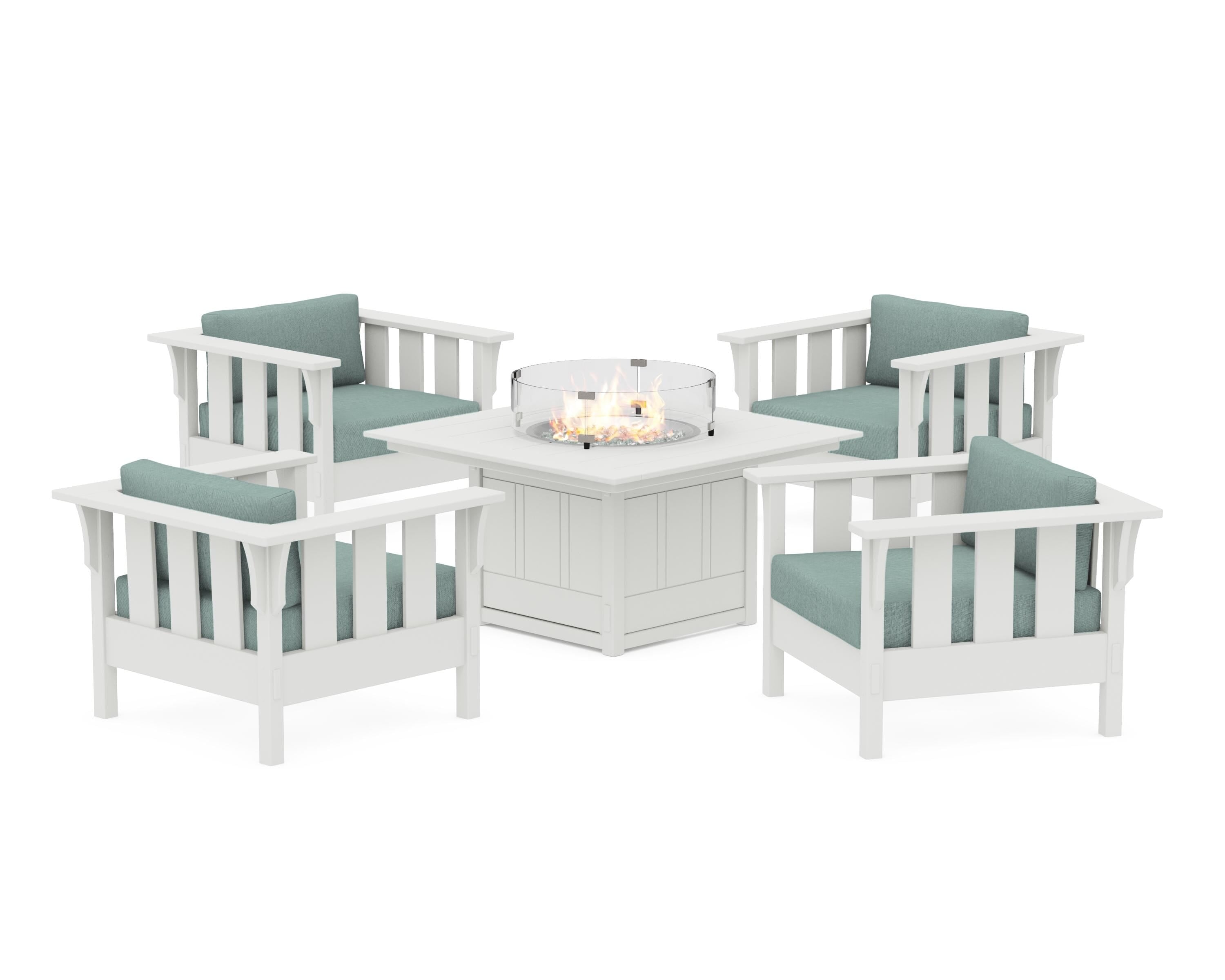 Martha Stewart by POLYWOOD® Acadia 5-Piece Deep Seating Set with Fire Pit Table in White / Glacier Spa