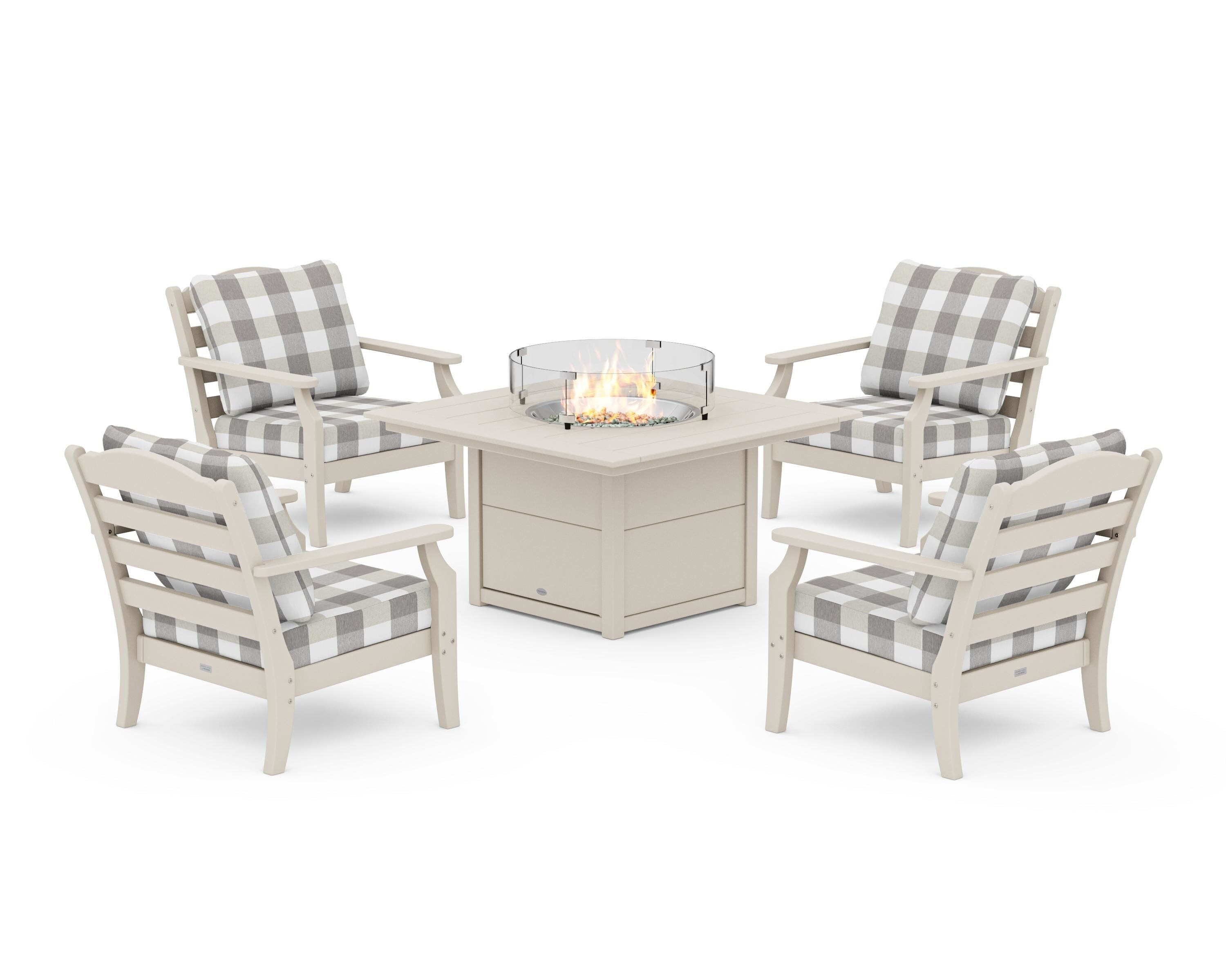 Draper James™ by  POLYWOOD® Savannah 5-Piece Deep Seating Set with Fire Pit Table in Sand / Buffalo Plaid Grey Mist