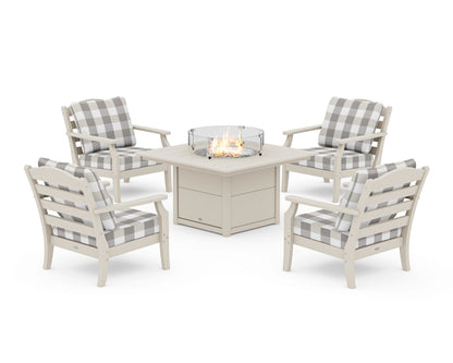 Draper James™ by  POLYWOOD® Savannah 5-Piece Deep Seating Set with Fire Pit Table in Sand / Buffalo Plaid Grey Mist