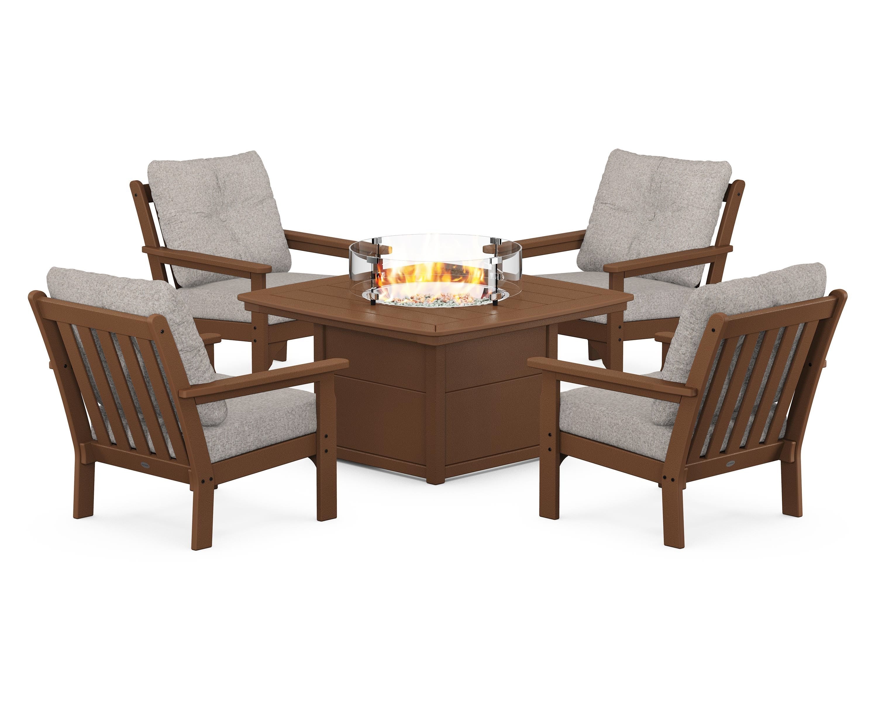 POLYWOOD® Vineyard 5-Piece Conversation Set with Fire Pit Table in Teak / Weathered Tweed