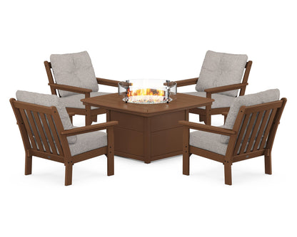 POLYWOOD® Vineyard 5-Piece Conversation Set with Fire Pit Table in Teak / Weathered Tweed