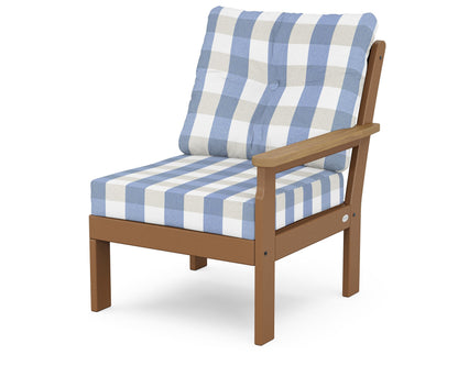 POLYWOOD® Vineyard Modular Right Arm Chair in Teak / Natural / Buffalo Plaid Sky Blue