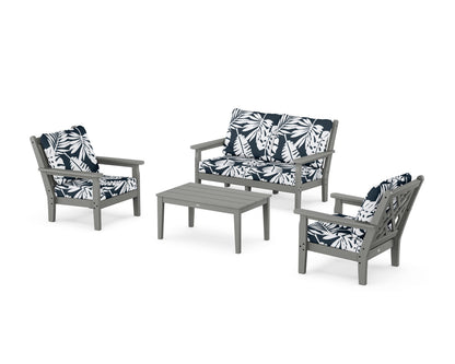 POLYWOOD® Chippendale 4-Piece Deep Seating Set with Loveseat in Slate Grey / Leaf Marine Indigo