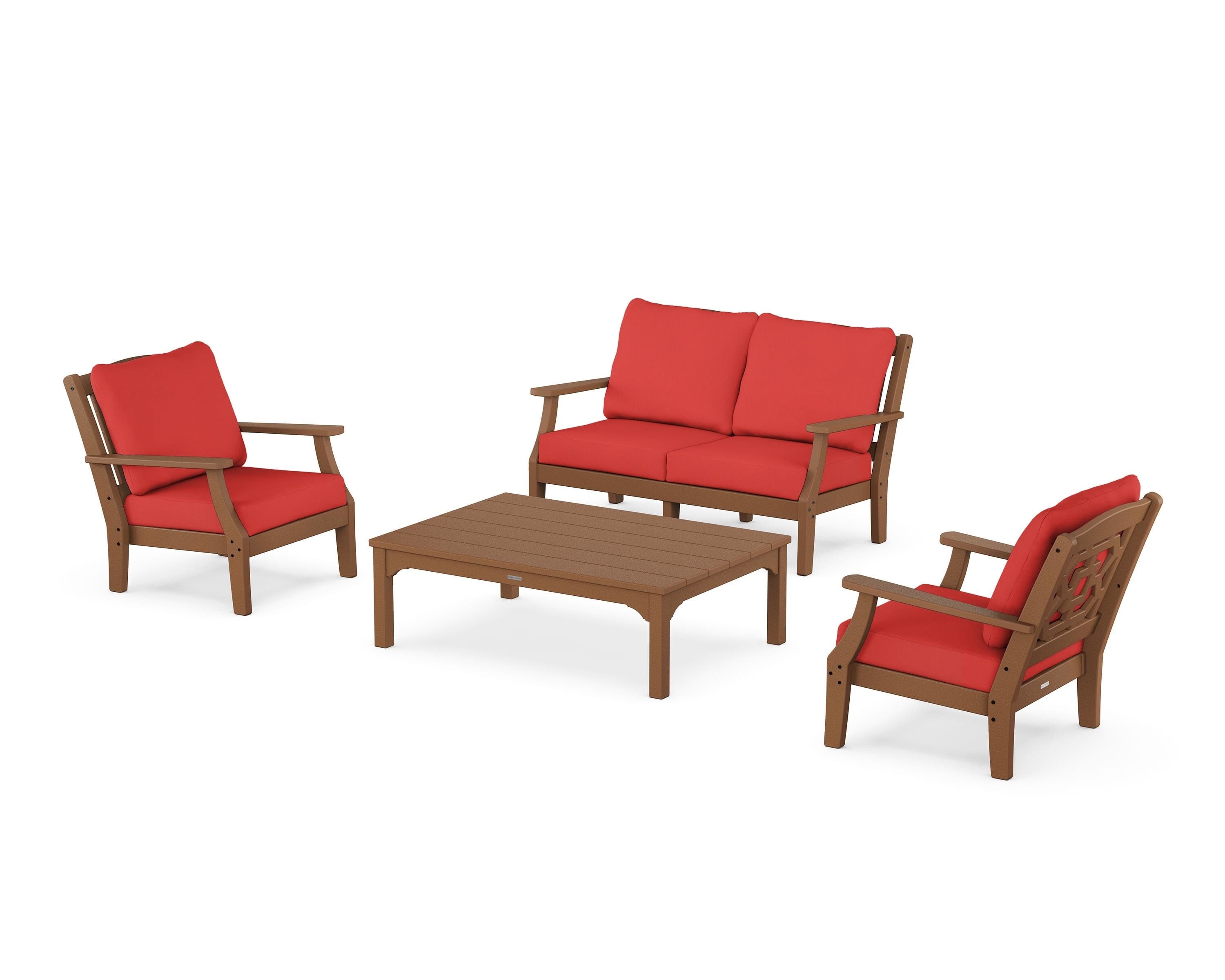 Martha Stewart by POLYWOOD® Chinoiserie 4-Piece Deep Seating Set with Loveseat in Teak / Crimson Linen