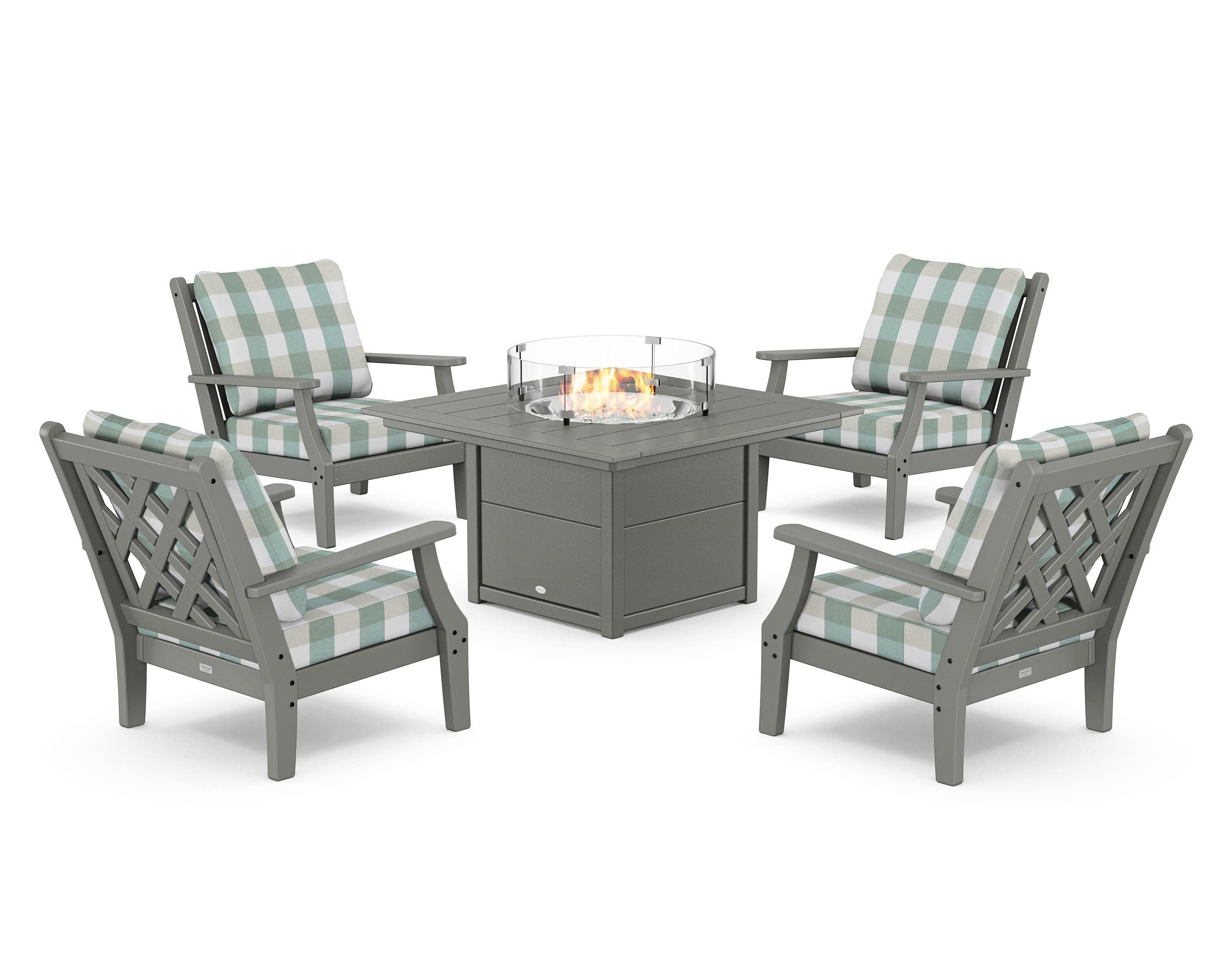 Country Living Wovendale 5-Piece Deep Seating Set with Fire Pit Table in Slate Grey / Buffalo Plaid Glacier Spa