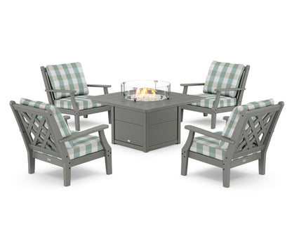 Country Living Wovendale 5-Piece Deep Seating Set with Fire Pit Table in Slate Grey / Buffalo Plaid Glacier Spa