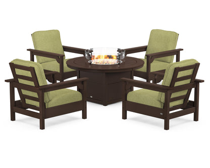 POLYWOOD® Club 5-Piece Conversation Set with Fire Pit Table in Mahogany / Chartreuse Boucle