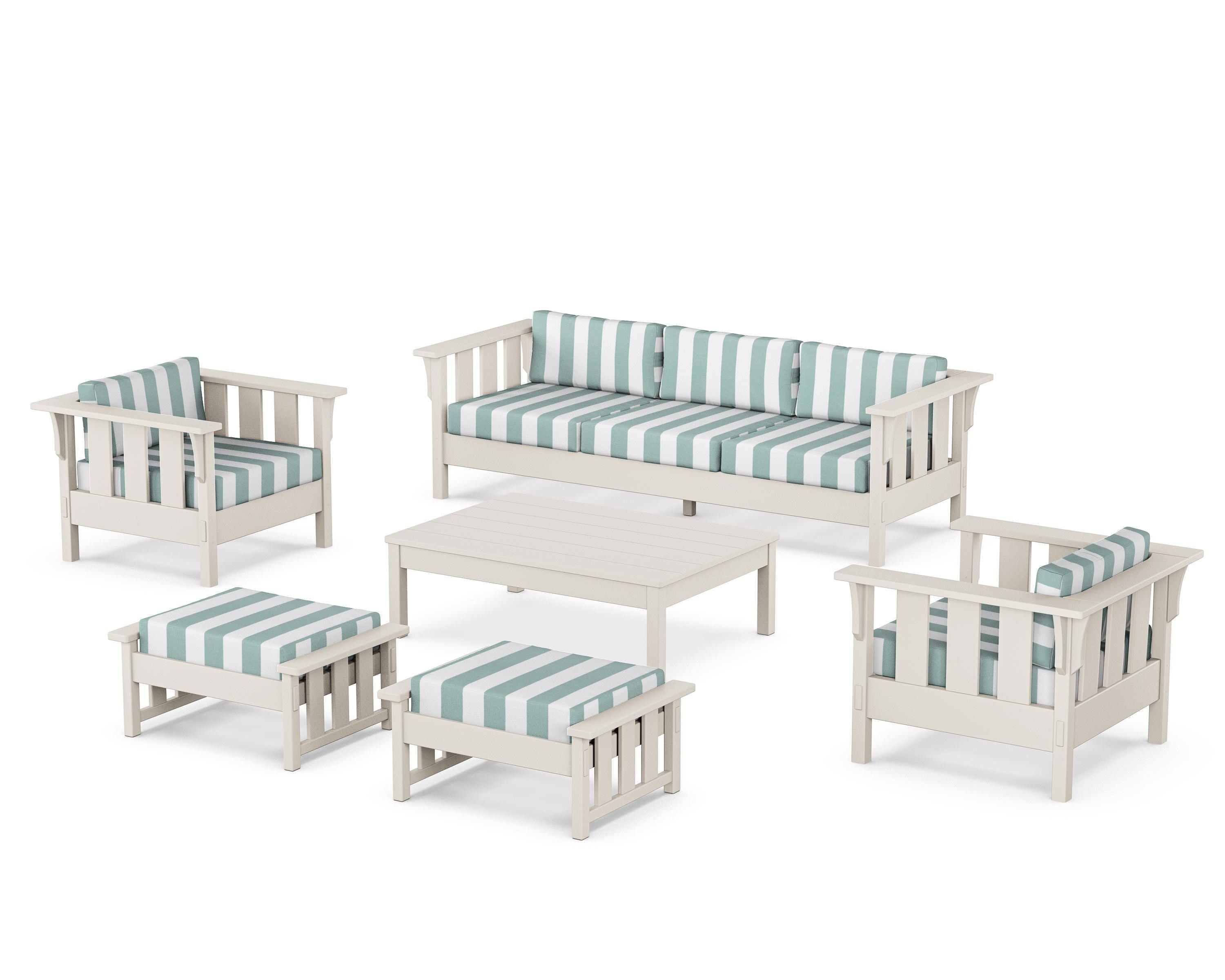 Martha Stewart by POLYWOOD® Acadia 6-Piece Lounge Sofa Set in Sand / Cabana Stripe Glacier Spa