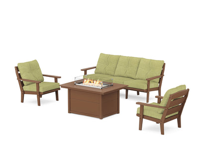 POLYWOOD® Lakeside Deep Seating Fire Pit Table Set in Teak / Chartreuse Boucle
