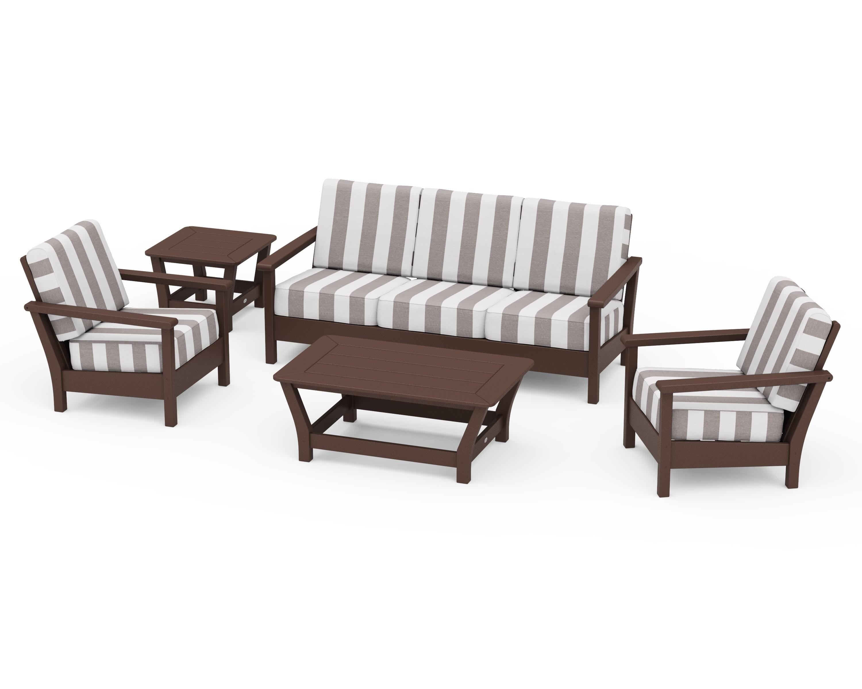 POLYWOOD® Harbour 5-Piece Deep Seating Set in Mahogany / Cabana Stripe Grey Mist