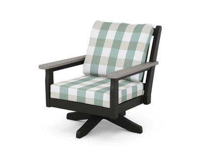 POLYWOOD® Chippendale Deep Seating Swivel Chair in Black / Driftwood / Buffalo Plaid Glacier Spa