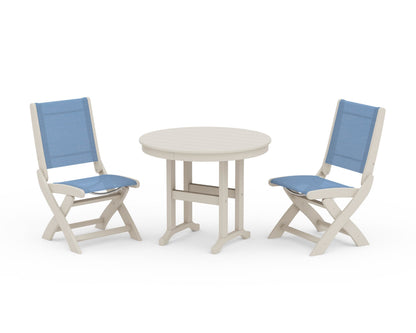 POLYWOOD® Coastal Folding Side Chair 3-Piece Round Dining Set in Sand / Poolside Sling