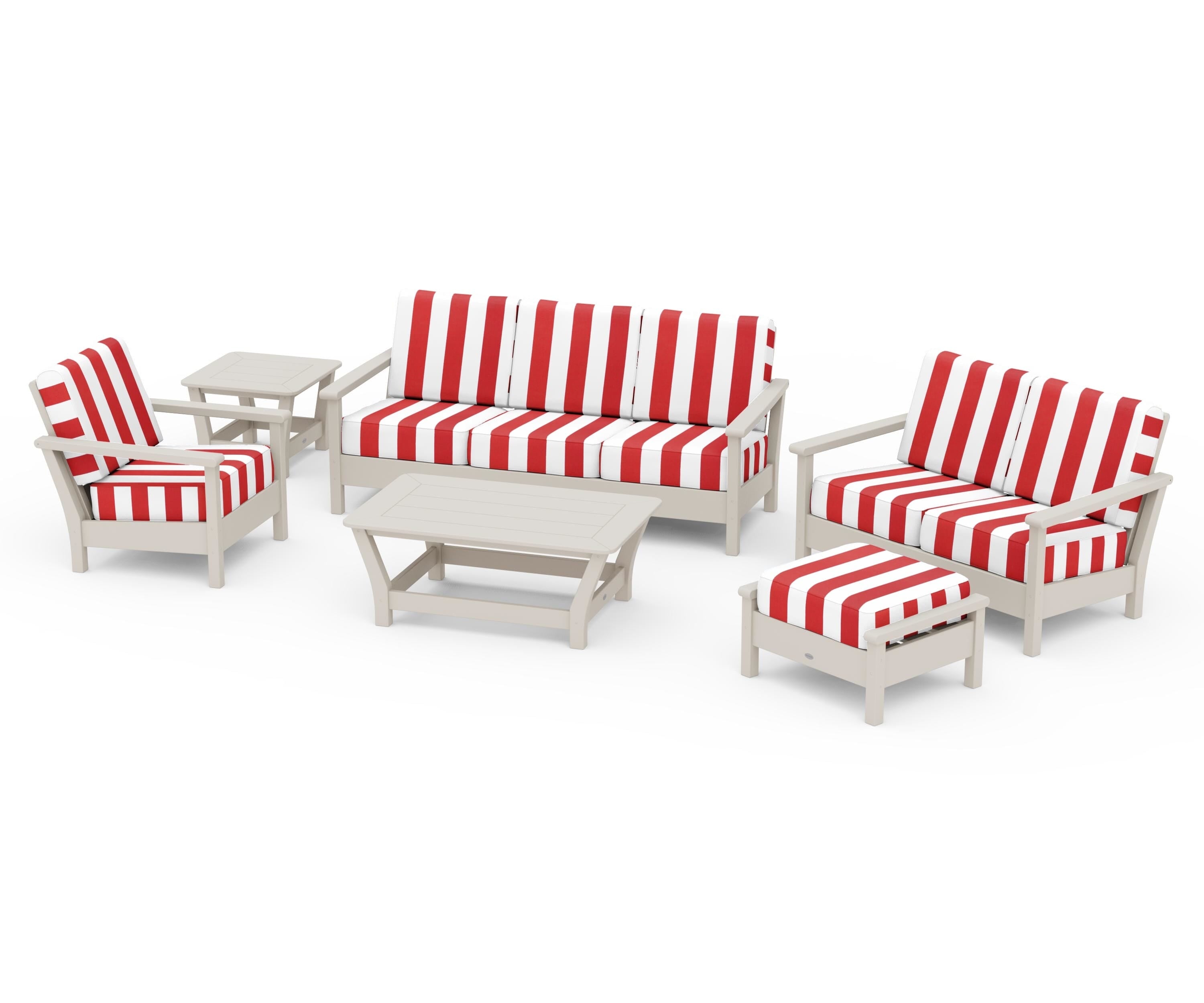 POLYWOOD® Harbour 6-Piece Outdoor Living Set in Sand / Cabana Stripe Crimson