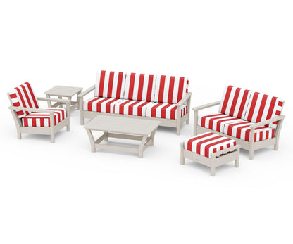 POLYWOOD® Harbour 6-Piece Outdoor Living Set in Sand / Cabana Stripe Crimson