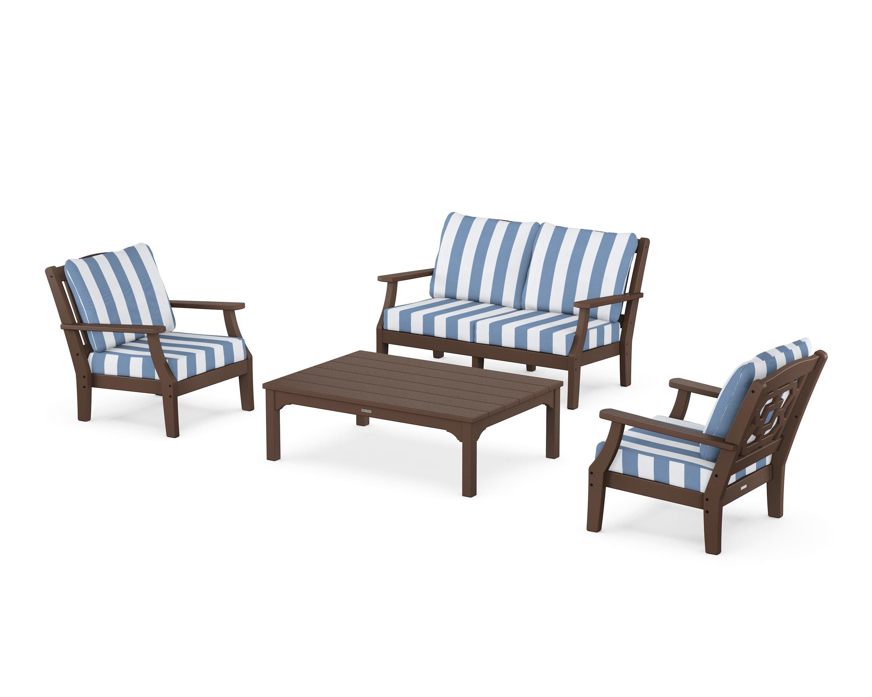 Martha Stewart by POLYWOOD® Chinoiserie 4-Piece Deep Seating Set with Loveseat in Mahogany / Cabana Stripe Sky Blue