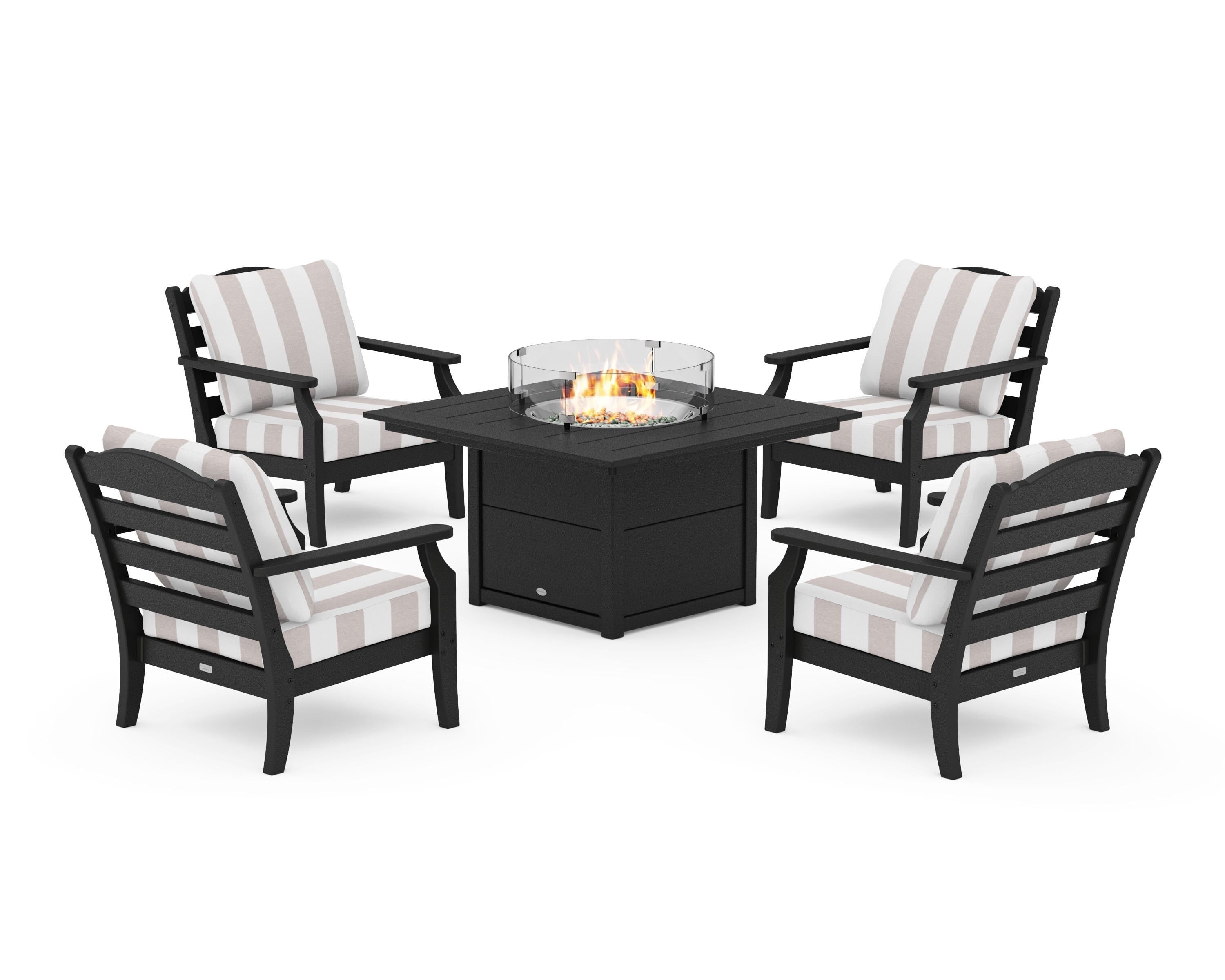 Draper James™ by  POLYWOOD® Savannah 5-Piece Deep Seating Set with Fire Pit Table in Black / Cabana Stripe Dune Burlap