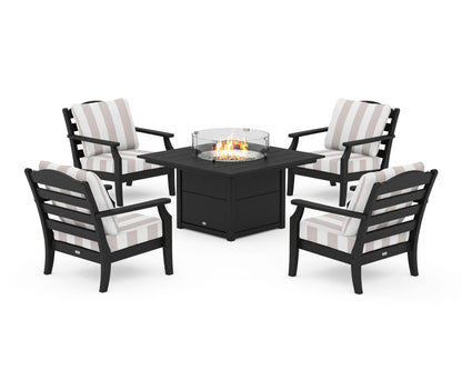 Draper James™ by  POLYWOOD® Savannah 5-Piece Deep Seating Set with Fire Pit Table in Black / Cabana Stripe Dune Burlap