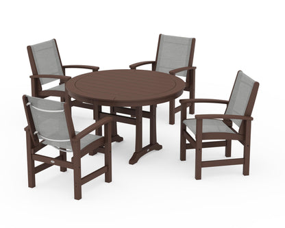 POLYWOOD® Coastal 5-Piece Round Dining Set with Trestle Legs in Mahogany / Metallic Sling