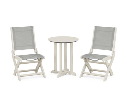 POLYWOOD® Coastal Folding Side Chair 3-Piece Round Bistro Dining Set in Sand / Metallic Sling