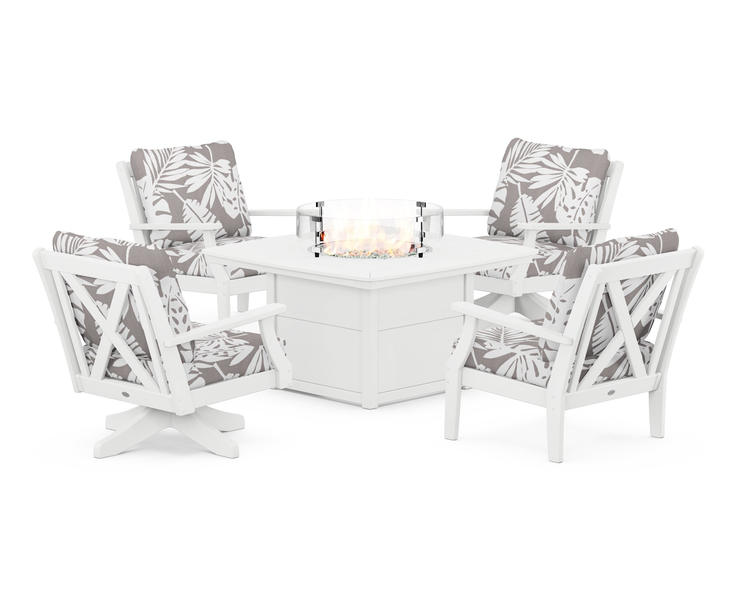 POLYWOOD® Braxton 5-Piece Deep Seating Set with Fire Table in White / Leaf Grey Mist