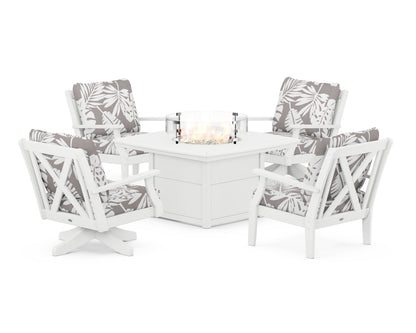 POLYWOOD® Braxton 5-Piece Deep Seating Set with Fire Table in White / Leaf Grey Mist