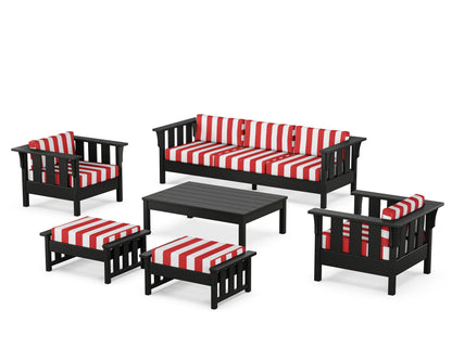 Martha Stewart by POLYWOOD® Acadia 6-Piece Lounge Sofa Set in Black / Cabana Stripe Crimson