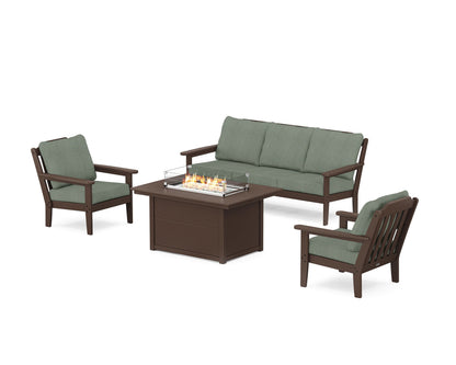 Country Living Cottage Deep Seating Fire Pit Table Set in Mahogany / Cast Sage
