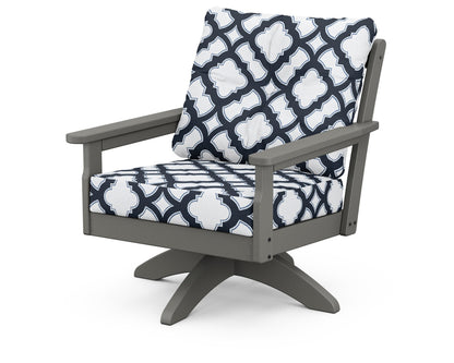 POLYWOOD® Vineyard Deep Seating Swivel Chair in Slate Grey / Trellis Marine Indigo