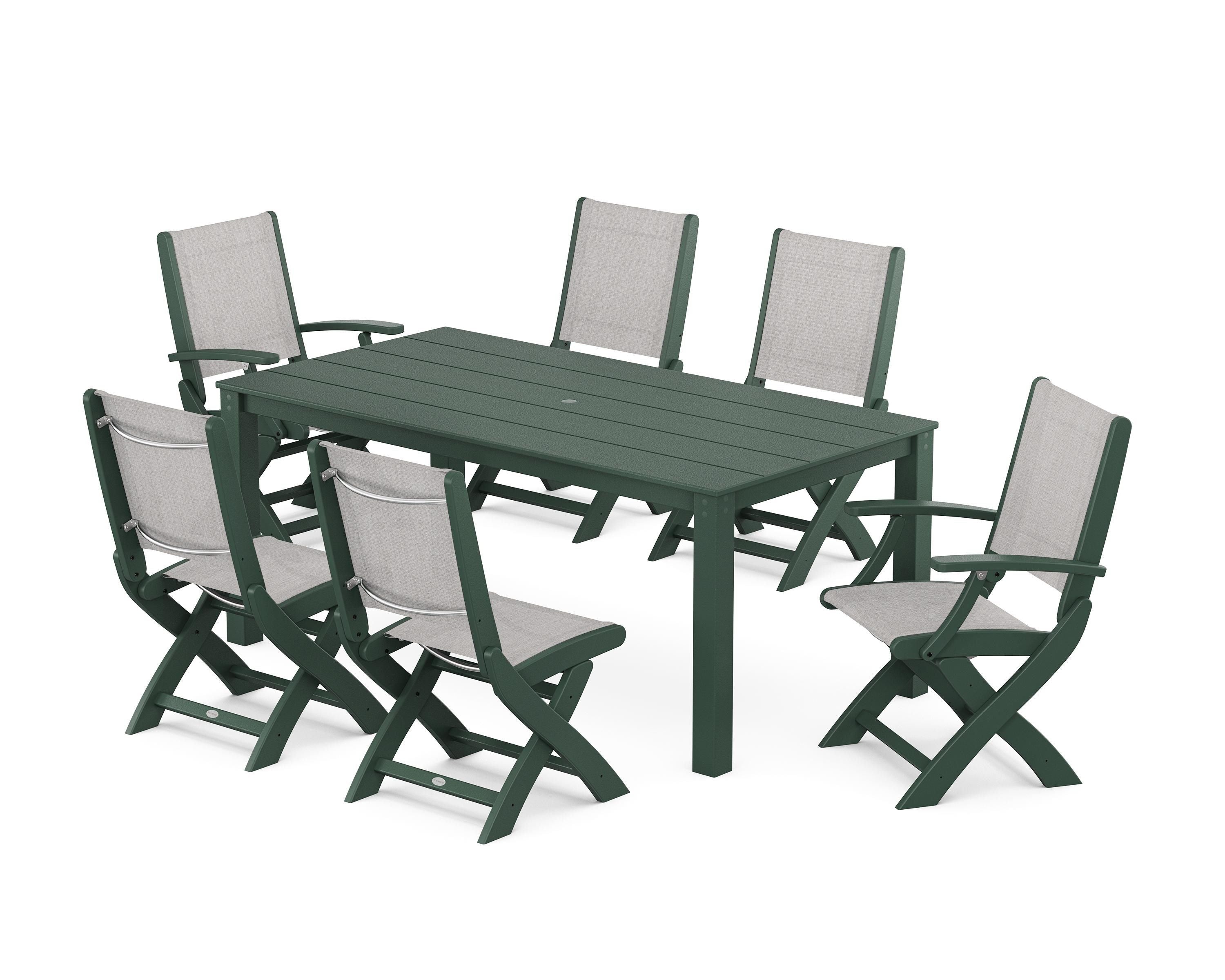 POLYWOOD® Coastal Folding Chair 7-Piece Parsons Dining Set in Green / Parchment Sling