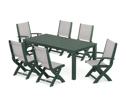 POLYWOOD® Coastal Folding Chair 7-Piece Parsons Dining Set in Green / Parchment Sling