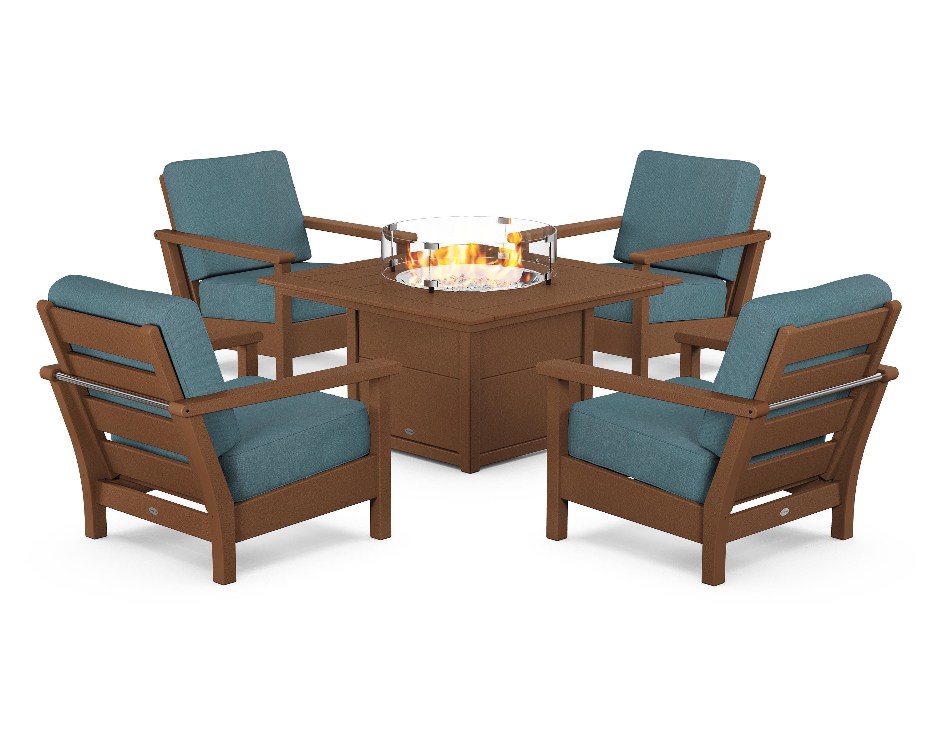 POLYWOOD® Harbour 5-Piece Conversation Set with Fire Pit Table in Teak / Ocean Teal