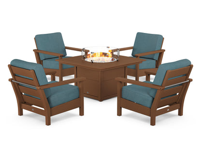 POLYWOOD® Harbour 5-Piece Conversation Set with Fire Pit Table in Teak / Ocean Teal