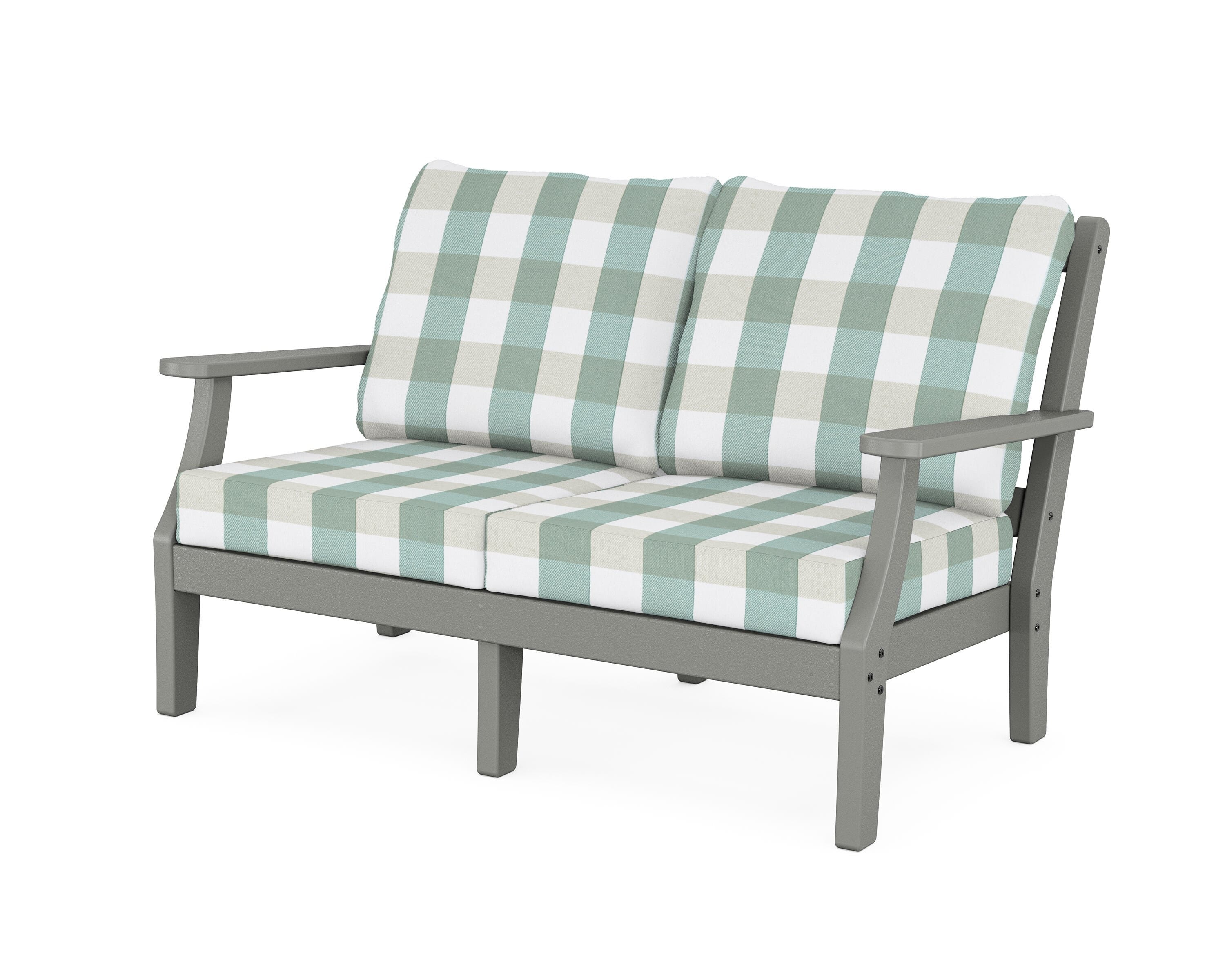Martha Stewart by POLYWOOD® Chinoiserie Deep Seating Loveseat in Slate Grey / Buffalo Plaid Glacier Spa