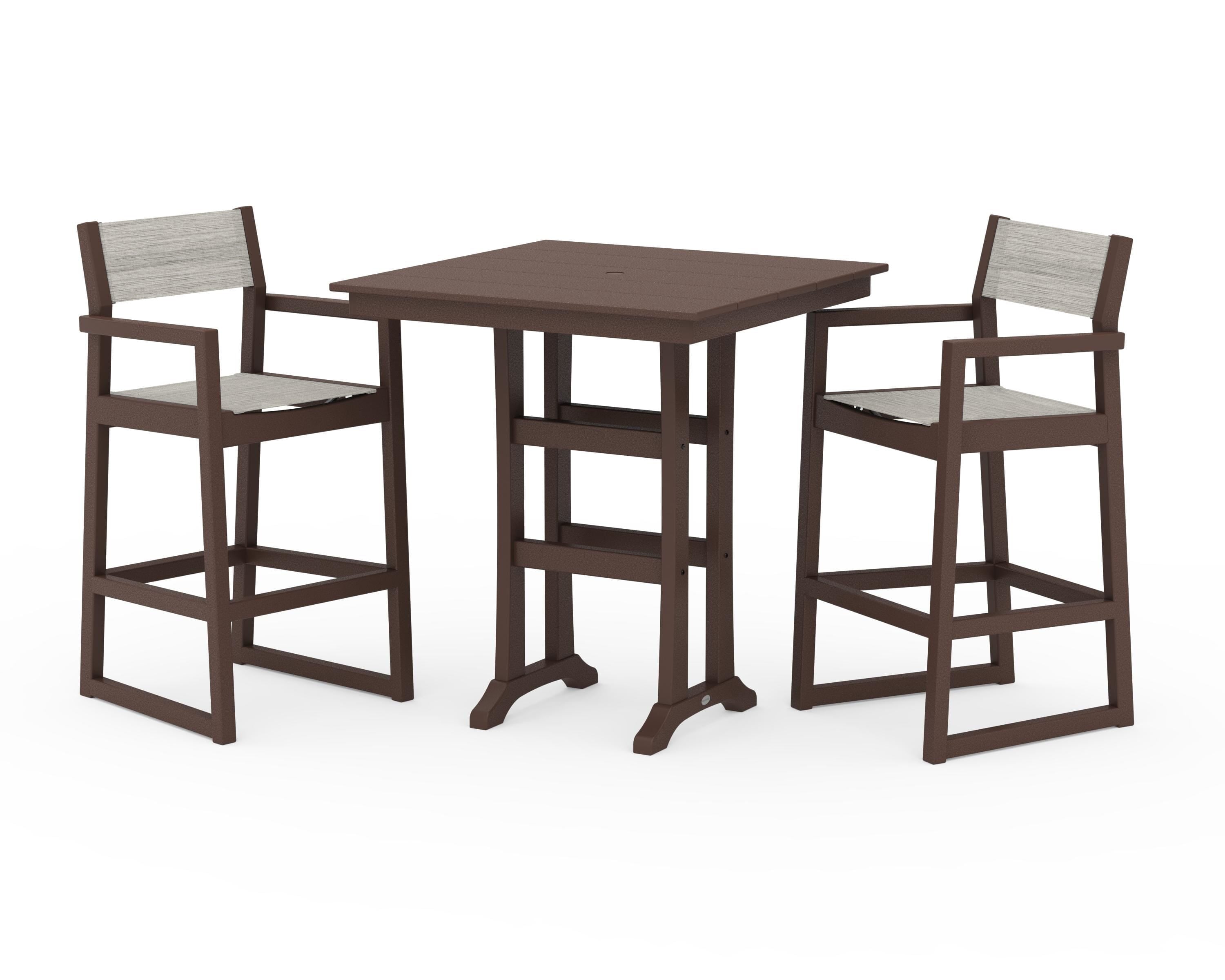 POLYWOOD® EDGE Sling Arm Chair 3-Piece Farmhouse Bar Set with Trestle Legs in Mahogany / Birch Sling