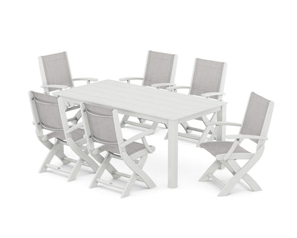 POLYWOOD® Coastal Folding Chair 7-Piece Parsons Dining Set in White / Parchment Sling